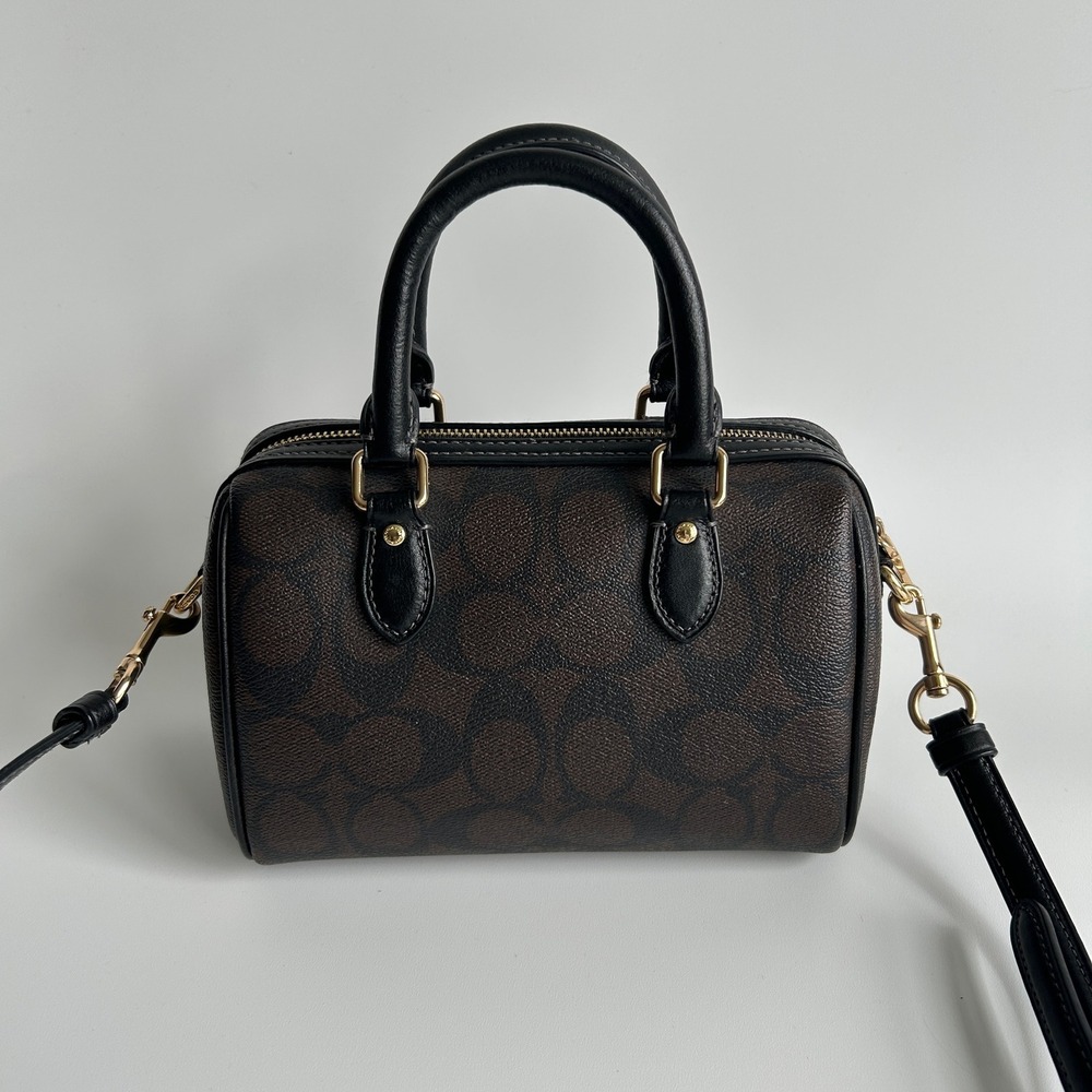 Coach Rowan Satchel Brown Black Signature Canvas Leather Bag Excellent - Picture 2 of 8